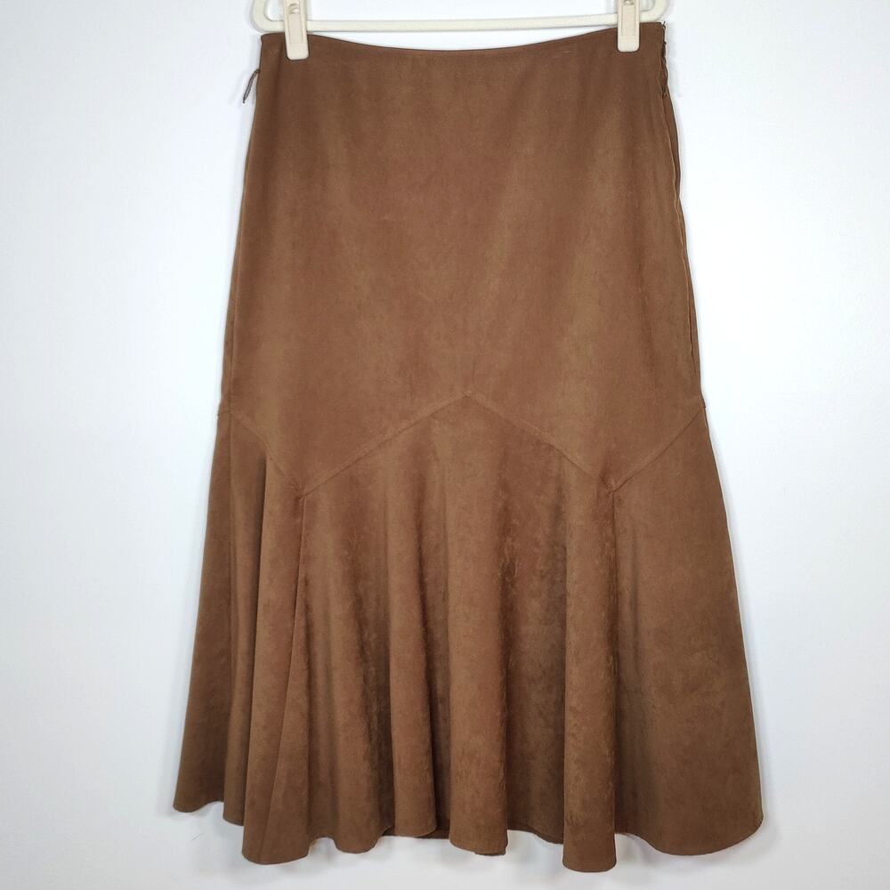 Brown Faux Suede Midi Skirt‎ Tulip Hem Western Cowgirl Flowy 12